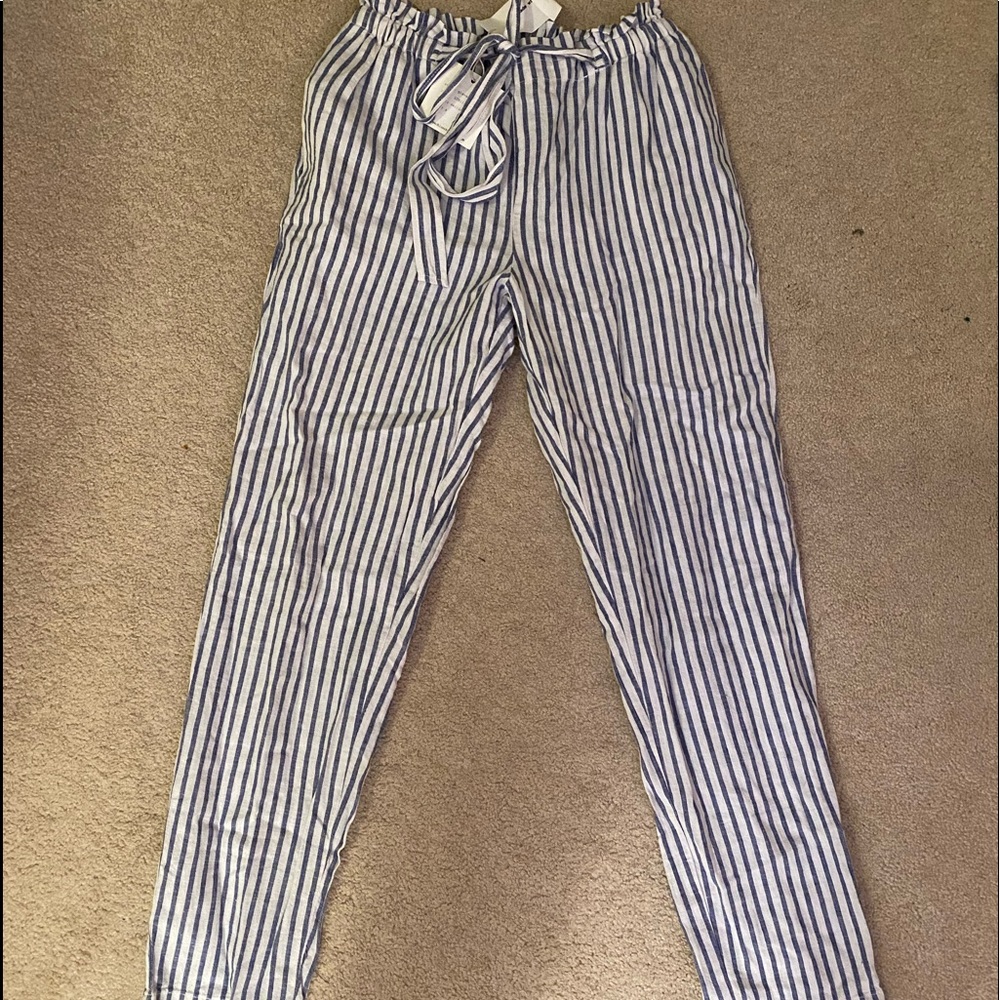blue and white stripped linen pants